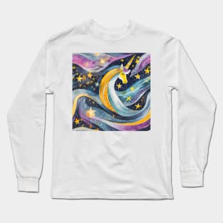 Geometric pattern of curved seamless stripes making a starry night with galaxy, stars and unicorn Long Sleeve T-Shirt